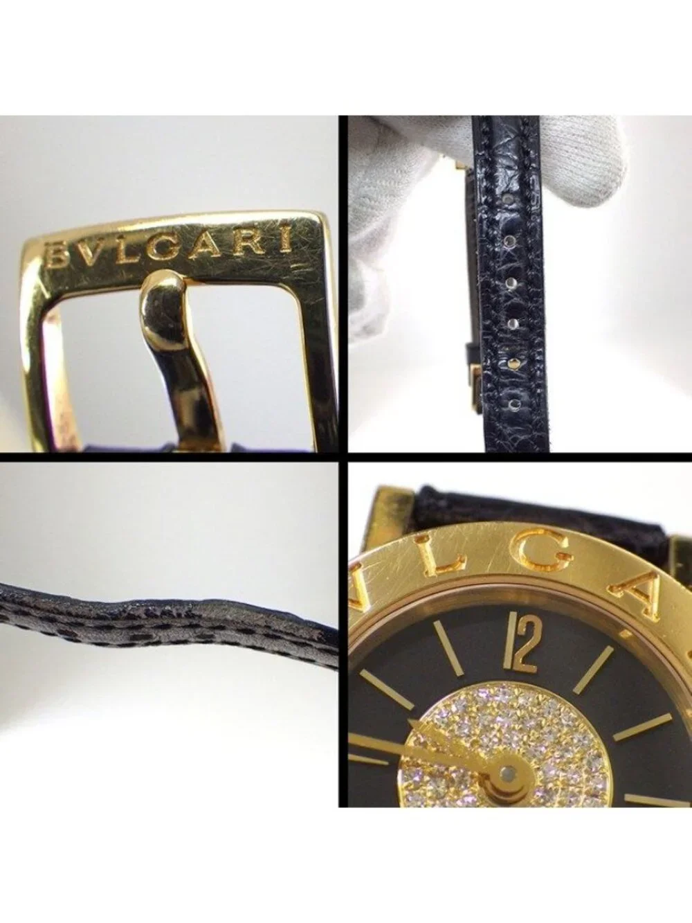 Bvlgari Watch Black Dial Leather Strap Pave Diamond 18k Yellow Gold SS Quartz